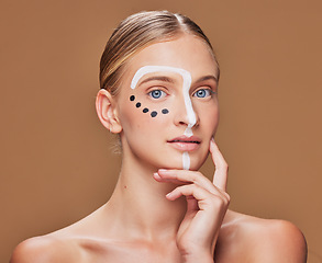 Image showing Creative, makeup and portrait of woman in studio with art, beauty and abstract face aesthetic. Cosmetic, artistic and headshot of young female model from Canada with facial paint by brown background.