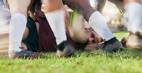 Image showing Sports field, ground or man in rugby scrum action, outdoor competition on tournament match, challenge or practice. Motion blue, fitness workout or player training, fitness and exercise on grass pitch