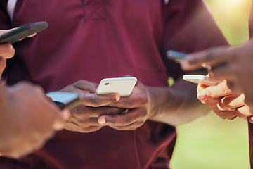 Image showing Sports, teamwork and phone with hands of people on field for networking, communication and social media. Contact, fitness and health with closeup of friends in stadium for internet and connection