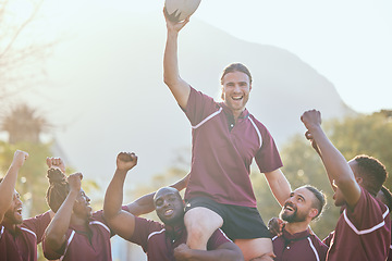 Image showing Portrait, sports and rugby team celebrate teamwork, carry player and happy for game victory, competition point or match try. Success motivation, champion winner and group fist pump, excited or cheers
