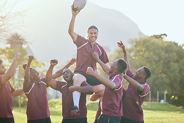 Image showing Portrait, sports and rugby team celebration, cooperation and teamwork victory, challenge goals or practice match try. Success motivation, champion winner or group energy, happiness or excited cheers