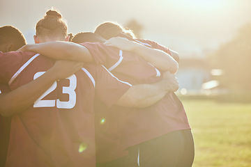 Image showing People, rugby and huddle in team sports, motivation or getting ready for match or game on outdoor field. Active men in circle or group hug in teamwork, collaboration or trust in scrum for fitness