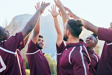 Image showing Raised hands, sports and excited people, rugby team building and solidarity support, teamwork or cooperation. Motivation, group celebration cheers and excited player smile for athlete challenge