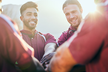 Image showing Hands together, sports and happy people huddle, rugby team building and solidarity support, teamwork or cooperation. Mission goals, group celebration and excited player smile for athlete challenge