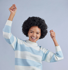 Image showing Happy black woman, portrait and dancing in studio for fun party, deal or celebrate winning bonus on white background. Excited model, music and cheers of success, celebration or achievement of freedom