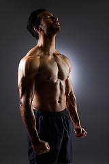 Image showing Muscle, strong and studio man with fitness challenge results, gym workout commitment and body transformation motivation. Dark shadow, sports training and bodybuilder flex on grey background