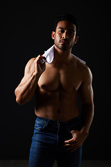 Image showing Sexy, muscle and portrait of man in studio with fitness inspiration, beauty aesthetic and sensual fashion. Erotic art, sexual body and male model sitting on black background, topless in dark lighting