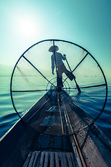 Image showing Traditional Burmese fisherman at Inle lake