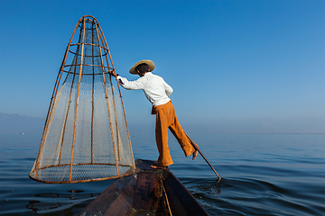 Image showing Burmese fisherman at Inle lake, Myanmar