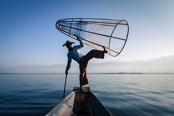 Image showing Burmese fisherman at Inle lake, Myanmar