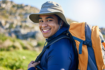 Image showing Portrait, hiker or happy man in nature walking on outdoor adventure for camping on holiday vacation. Wellness, smile or confident traveler with backpack on trekking or hiking break or journey trip