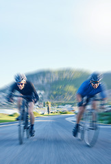 Image showing Motion blur, racing and cyclist on bicycle on road in mountain together, exercise adventure and speed. Cycling, nature and men with bike for fast workout competition, training motivation and energy.