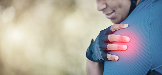 Image showing Man, cycling or muscle injury, shoulder pain or emergency in training, fitness or exercise on mockup space. Cyclist, accident or closeup of hand on arm problem in workout, race or activity in nature