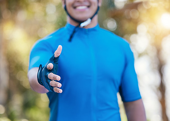 Image showing Man, cyclist and handshake in fitness, partnership or deal in agreement, greeting or competition in nature. Closeup of male person athlete shaking hands for introduction, workout or outdoor exercise