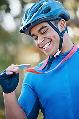 Image showing Winner, medal or happy man cyclist in celebration of victory performance or success in tournament race. Excited, gold award or proud sports athlete winning a cycling competition with smile or reward