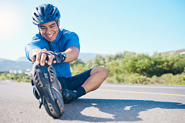 Image showing Happy man, cyclist and stretching on road in fitness, outdoor workout or cardio exercise in nature. Active male person or biker smile in happiness for body warm up or getting ready for cycling tour