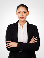 Image showing Business woman, arms crossed and portrait, confidence and lawyer isolated on white background. Face, professional and corporate attorney with career, employee and suit, pride and mission in studio