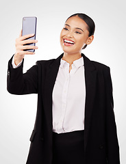 Image showing Business woman, phone and video call in discussion, networking or communication against a studio background. Happy female person or employee smile talking on mobile smartphone for online conversation