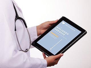 Image showing Doctor, hands and tablet screen in Telehealth, healthcare or delivery service for online consultation. Closeup of medical person or health consultant with technology display app for telecommunication