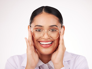 Image showing Glasses portrait, woman and vision of ophthalmologist in studio isolated on a white background. Face smile, optometrist and lens of happy medical professional optician in frame for health in eye care