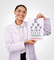 Image showing Eye exam, chart and letter, vision and woman in portrait, optometrist and health isolated on white background. Assessment, diagnosis and healthcare with optometry, glasses and doctor in a studio