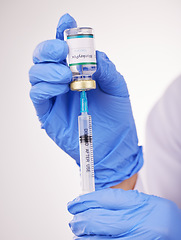 Image showing Health, doctor hands and vaccine, syringe and bottle with safety from monkey pox in white background. Person with glass container, immunity and needle for healthcare, protect and medicine in studio