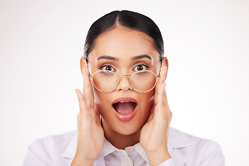 Image showing Shock, glasses and portrait of businesswoman in a studio with wow, omg or wtf facial expression. Surprise, optometry and headshot of professional female model with spectacles by a white background.