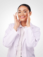 Image showing Glasses portrait, woman and vision of optometrist in studio isolated on a white background. Face smile, ophthalmologist and lens of happy medical professional optician in frame for health in eye care