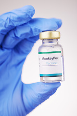 Image showing Health, doctor and vaccine in hand, bottle with closeup and safety from monkey pox on white background. Person with glass container, immunity and liquid for healthcare, protect and medicine in studio