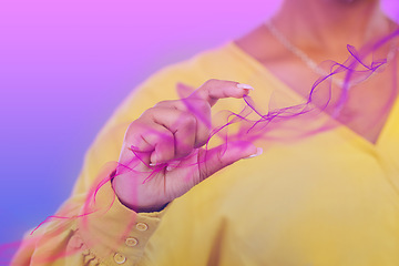 Image showing Hand, vaporwave and 3D with a user closeup on a purple background in studio to access the metaverse. AI, future and overlay with a person touching neon smoke on a holographic dashboard for innovation