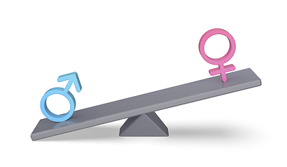 Image showing Dominating male over female sign on seesaw