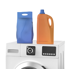 Image showing Liquid detergent bottle and washing powder bag on washing machin