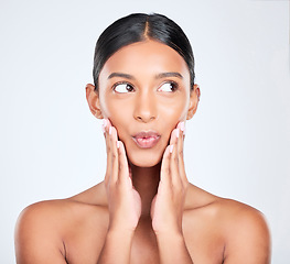 Image showing Face, beauty and the aesthetic lips of a woman for health or wellness in studio on white background. Hands, skincare and pout with a young model posing for natural cosmetic treatment of her skin