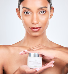 Image showing Woman, beauty and cream with face, dermatology and skincare isolated on white background. Lotion, sunscreen and moisturizer in portrait with wellness, skin and facial mask for cosmetic care in studio