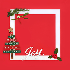 Image showing Christmas Joy Sign Retro Tree and Winter Flora
