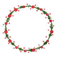 Image showing Christmas Wreath Fir Holly Berry and Red Bauble Decorations