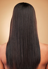 Image showing Hair, woman and back, beauty and cosmetics with shampoo and keratin treatment shine isolated on studio background. Texture, wellness and haircare, straight hairstyle and natural makeup with growth