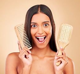 Image showing Brush, happy and portrait of woman in studio with clean salon treatment hairstyle for wellness. Beauty, hair care and excited Indian female model with comb for haircut maintenance by brown background