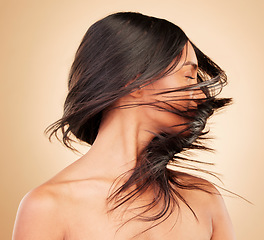 Image showing Hair care, beauty and woman shake in studio isolated on a brown background. Hairstyle, natural cosmetics and model in salon treatment for texture growth, balayage health and aesthetic for wellness.