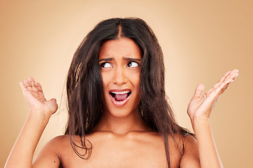 Image showing Woman, hands and surprise face for announcement, scared and mouth open with shock on studio background. Natural, person and emoji or excited facial expression, mind blown and amazed at gossip