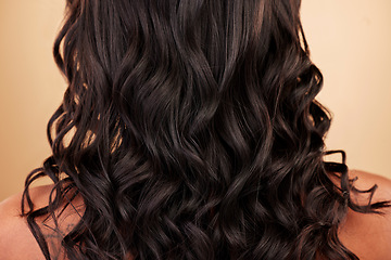 Image showing Hair, beauty and balayage with woman, back with keratin treatment and wellness isolated on studio background. Shine, salon hairstyle and haircare with texture, growth with cosmetic care and curls