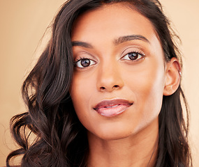 Image showing Hair, face and beauty with woman, cosmetic care with keratin treatment isolated on studio background. Shine, salon hairstyle and haircare with texture, growth and portrait, curls and natural makeup