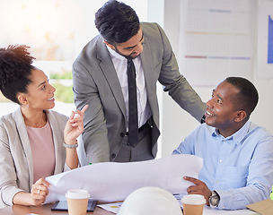 Image showing Happy business people, meeting and blueprint in planning, strategy or ideas together at office. Group of architect or engineer in project plan, collaboration or teamwork on documents at workplace