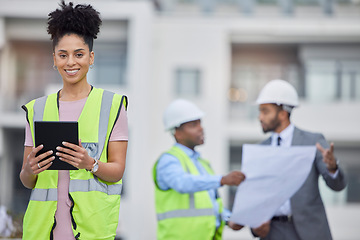 Image showing Happy woman, architect and tablet in city for team planning, construction or design on rooftop at site. Female person, engineer or contractor on technology in leadership, project or architecture plan