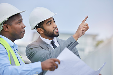 Image showing Teamwork, blueprint and engineering with people in city for project management, planning or architecture. Graphic, floor plan or idea with contractor on construction site for collaboration and design