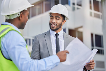 Image showing Collaboration, blueprint and architecture with people in city for project management, planning or engineering. Graphic, floor plan or idea with contractor on construction site for teamwork and design