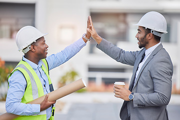 Image showing Happy people, architect and high five in city for teamwork, success or construction on rooftop at site. Men, engineer or contractor touching hands in team motivation for project or architecture plan