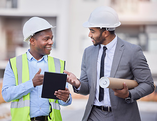 Image showing Happy people, architect and tablet in city, planning or construction team in strategy on rooftop at site. Men, engineer or contractor on technology in teamwork, project or architecture plan in town