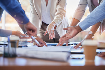 Image showing Business people, hands and meeting with documents in strategy, planning or ideas together at office. Closeup of group in project plan, collaboration or teamwork on paperwork or blueprint at workplace