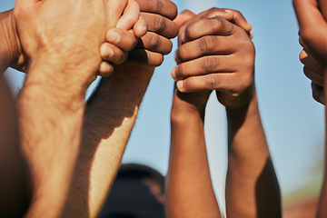 Image showing Closeup, teamwork and people holding hands, community and support with cooperation. Diversity, group and friends with activity, strong together and empowerment with union, human and collaboration